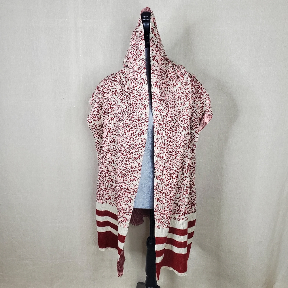 ♤ Kimberly C. Red and Cream Knit Cardigan Wrap Hoodie One Size